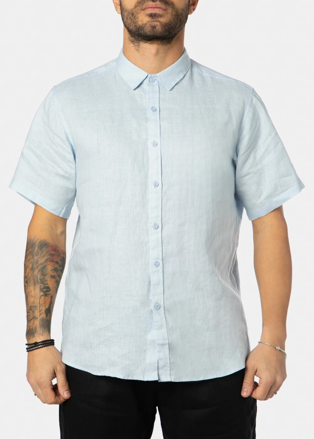 100% Linen Light Blue Classic Shirt w/ Short Sleeves